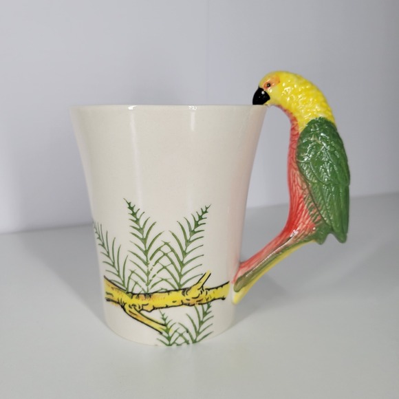 Pier 1 Imports Other - Pier 1 Imports Parrot Handle Mug Handpainted Stoneware Tropical Bird Coffee Cup